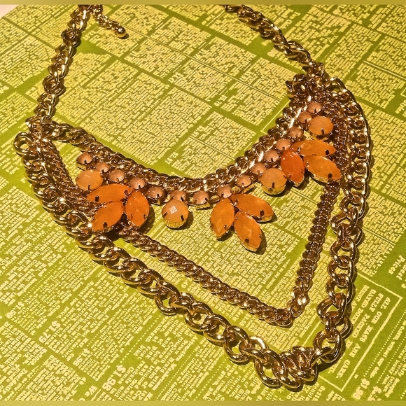 Ladies Triple Layer Gold Tone and Rhinestone Flowered Necklace - Picture 2 of 3